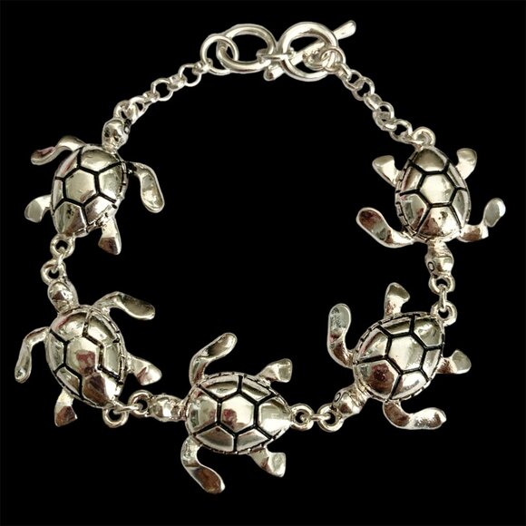 Silver Sea Life Turtle Charm Bracelet Beach Island 7.5" Plated Toggle Clasp - - Picture 1 of 12
